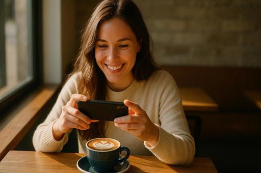 スマホ笑顔とカフェラテ スマホ笑顔とカフェラテの写真