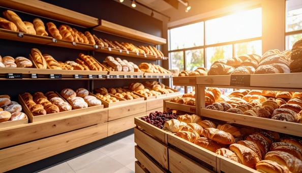 パン屋に並べられるたくさんのパン パン屋に並べられるたくさんのパンの写真