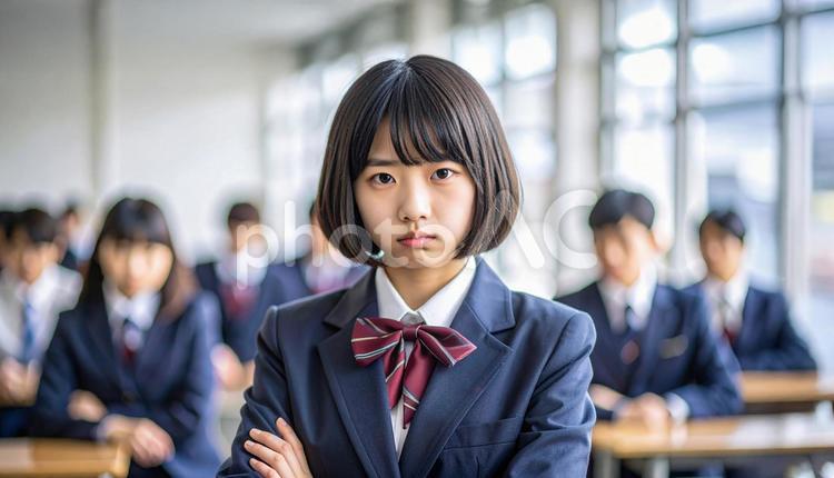 怒った表情の女学生1 女性,怒り,憤りの写真素材
