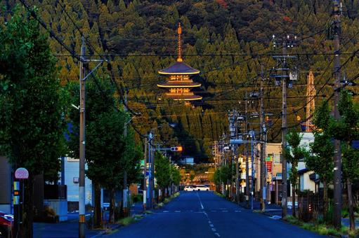 五重塔へ続く、一直線の道路と街路樹の風景 五重塔へ続く、一直線の道路と街路樹の風景 五重塔,福井県,勝山市の写真素材