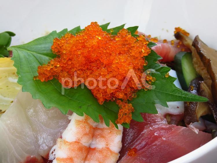 海鮮丼の上のとびこ 海鮮丼,魚卵,大葉の写真素材