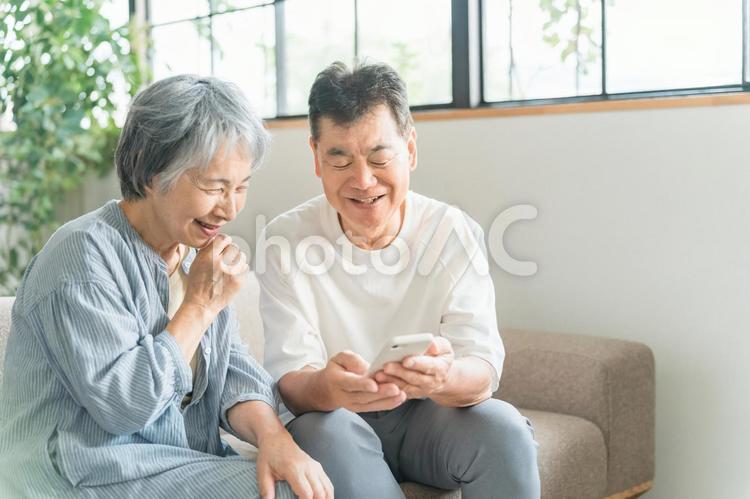 スマホを使う高齢者夫婦・シニア シニア,スマホ,高齢者の写真素材