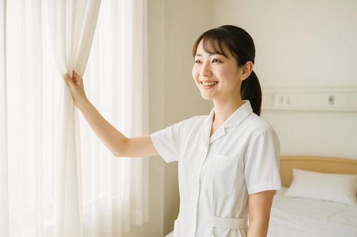 病室のカーテンを開ける看護師 病室のカーテンを開ける看護師の写真