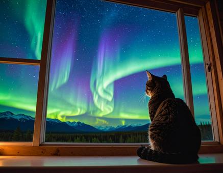 猫とオーロラの写真
