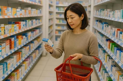 薬局の店内で商品を選ぶ女性の写真