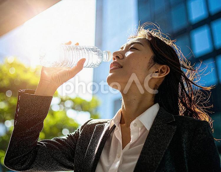 猛暑に水分補給をする女性ビジネスマン 水分補給,熱中症対策,熱中症の写真素材
