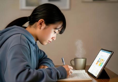 タブレットを使い勉強に集中する女子学生 タブレットを使い勉強に集中する女子学生の写真