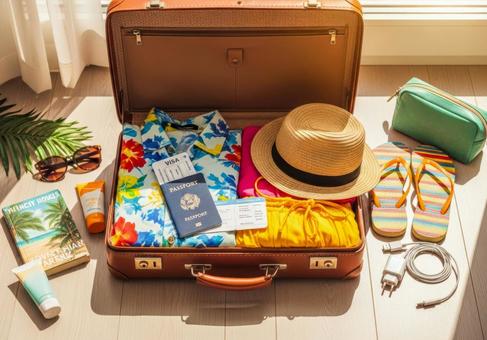 夏の海外旅行準備を整えたカラフルな荷造り 夏の海外旅行準備を整えたカラフルな荷造りの写真