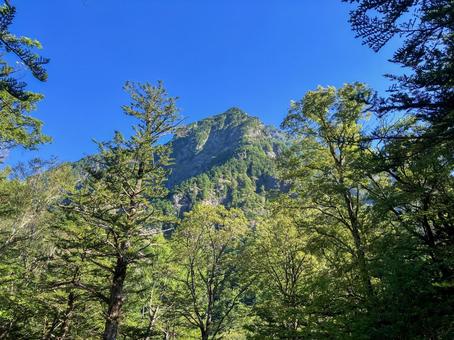 上高地　梓川から見上げた明神岳 上高地,梓川,明神岳の写真素材