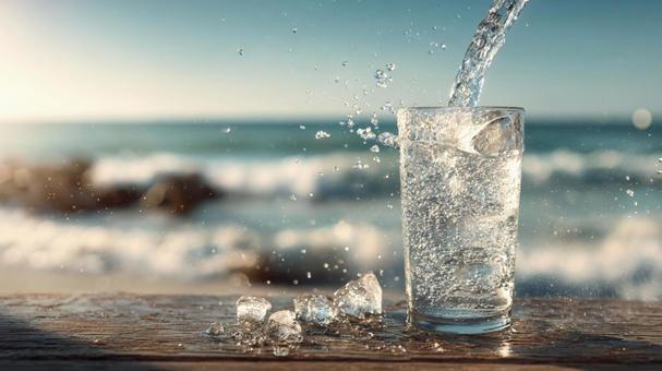 夏の日にぴったりな氷水と海の風景の写真