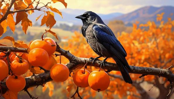 カラスと柿の写真