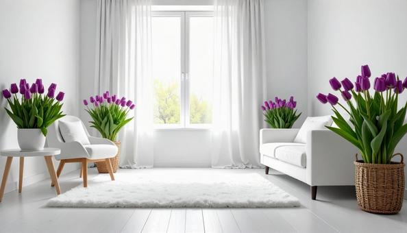 紫のチューリップ 白い寝室 紫のチューリップ 白い寝室の写真