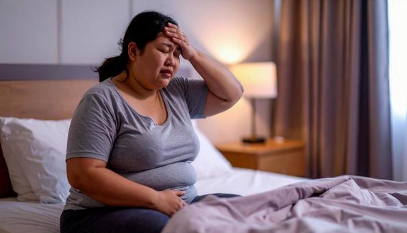 肥満で疲れやすく、額に手をやる女性 肥満で疲れやすく、額に手をやる女性の写真
