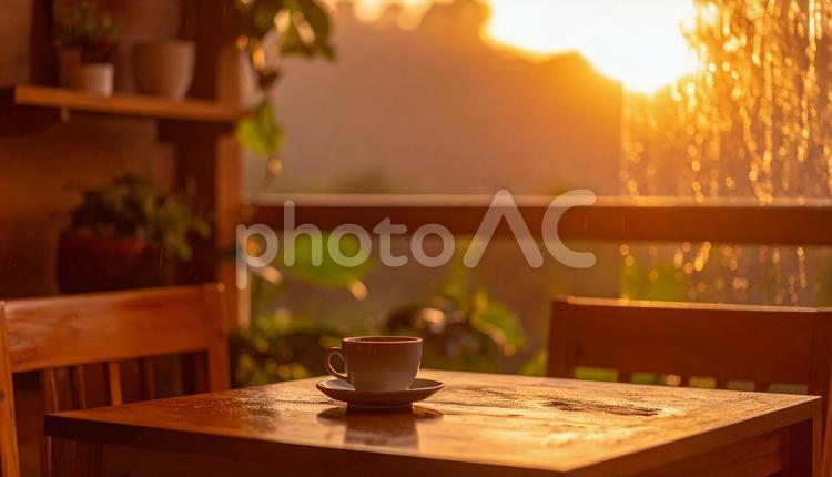ウッディで落ち着いた夕暮れのカフェ カフェ,夕焼け,夕陽の写真素材