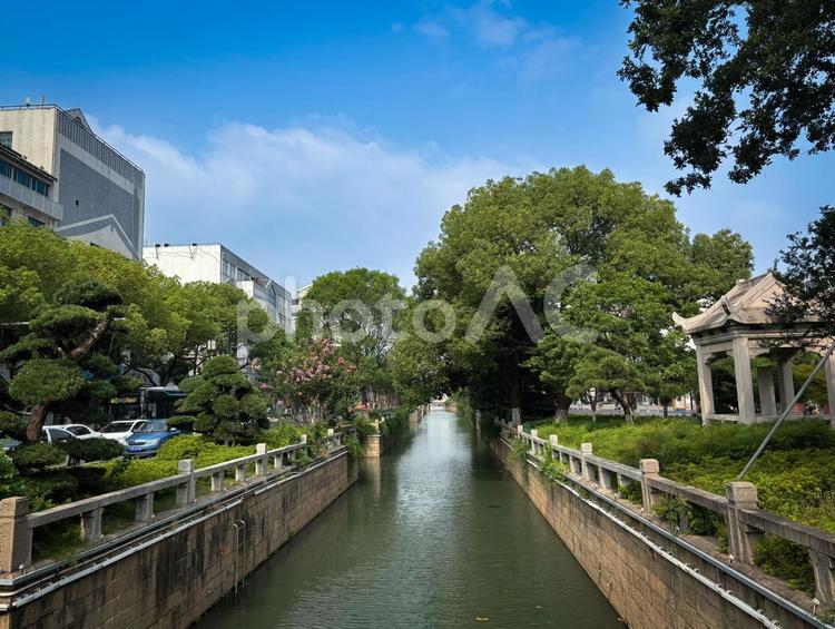中国蘇州の水路と並木が美しい街並み 蘇州,中国,水路の写真素材