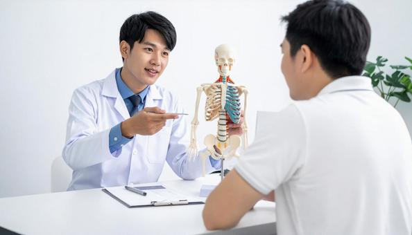 メディカル 骨の模型を見せ説明する整体師 メディカル 骨の模型を見せ説明する整体師の写真