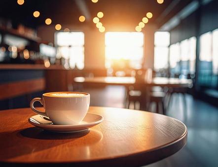 夕日が射し込むカフェの店内 夕日が射し込むカフェの店内の写真