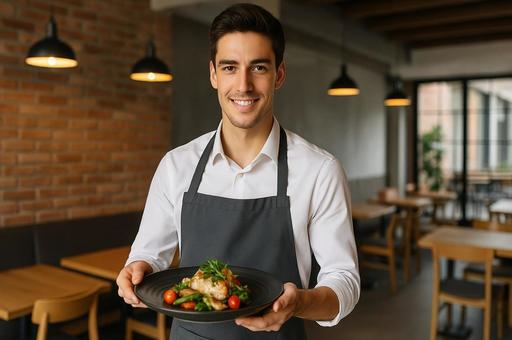 レストランで料理を笑顔で提供する店員 レストランで料理を笑顔で提供する店員の写真