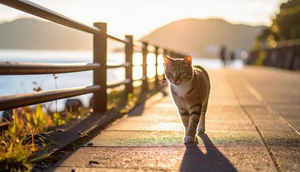 海辺の堤防を歩く猫 海辺の堤防を歩く猫の写真