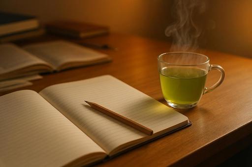 暖かい緑茶とノート 暖かい緑茶とノートの写真