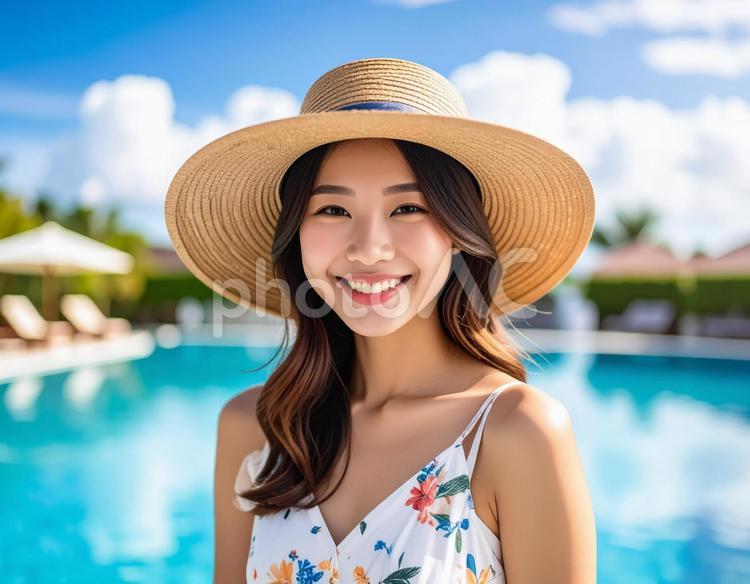夏旅・リゾートホテルのプールサイドと彼女 旅行,女性,若いの写真素材