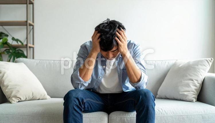 ソファに座って頭を抱える20代の男性 悩む,ストレス,鬱病の写真素材