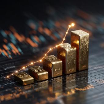 デジタル画面に映し出された金塊と成長の写真