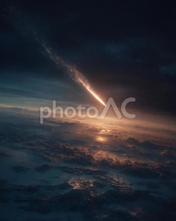 空を切り裂く、巨大な火球が海面に迫る瞬間 隕石,流れ星,宇宙の写真素材