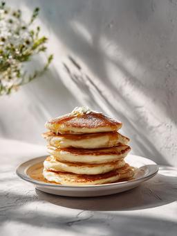 シロップが輝く積み重ねられたパンケーキ シロップが輝く積み重ねられたパンケーキの写真