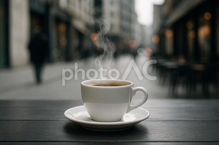 カフェテラスで湯気が立つコーヒーカップ コーヒー,カフェ,コーヒーカップの写真素材
