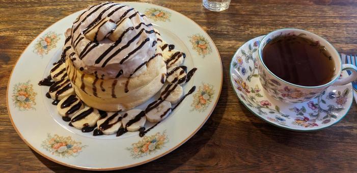 カフェのバナナチョコパンケーキ、コーヒー カフェ,スイーツ,コーヒーの写真素材