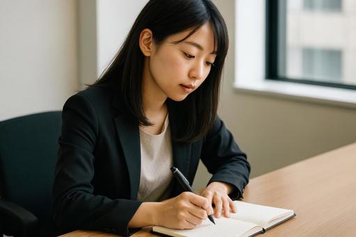 メモを取る女性社員 メモを取る女性社員の写真