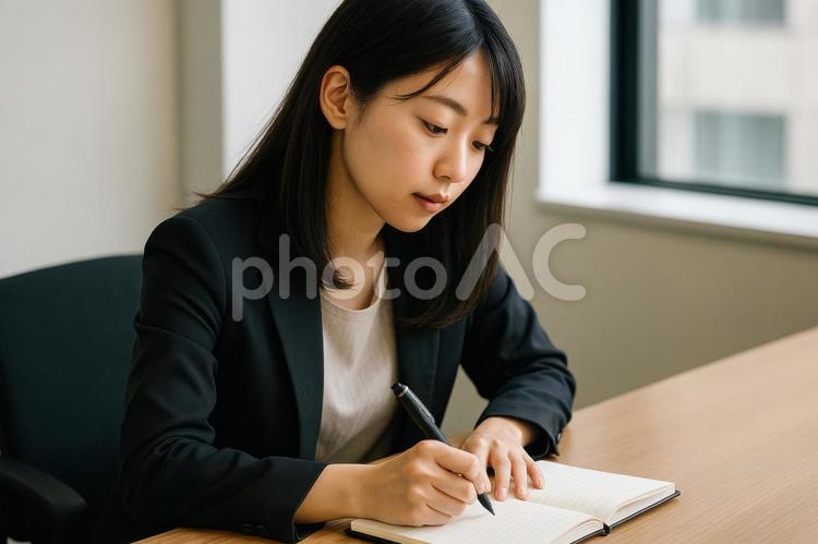 メモを取る女性社員 日本人,女性,ビジネスの写真素材