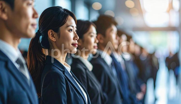 斜めの角度から見た整列する若い会社員 ビジネス,女性,男性の写真素材