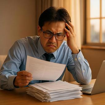 A tired-looking accounting man in front of a pile of documents, accounting, accounting, male, JPG