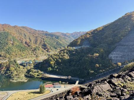 秋の福井県の九頭竜ダム　紅葉に色づく湖 秋,道路,晩秋の写真素材