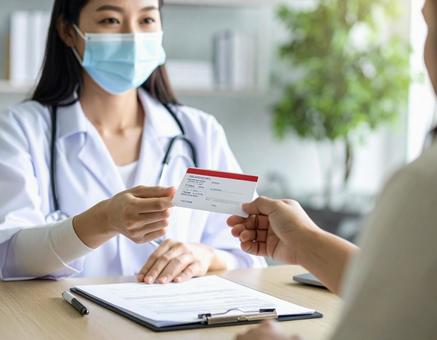赤血球不規則抗体保有カードを渡す医師 赤血球不規則抗体保有カードを渡す医師の写真
