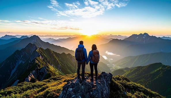 山から朝日を眺める日本人カップル 山から朝日を眺める日本人カップルの写真