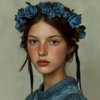 青いバラに囲まれた神秘的な眼差しの女性 青いバラに囲まれた神秘的な眼差しの女性の写真