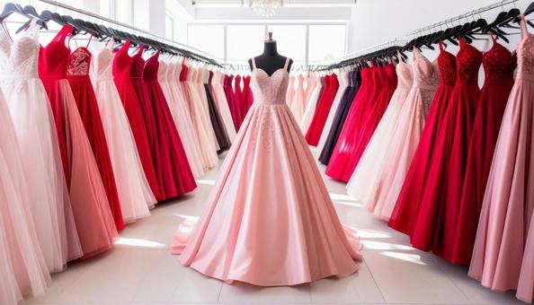 レンタルドレス屋にかかるたくさんのドレスの写真