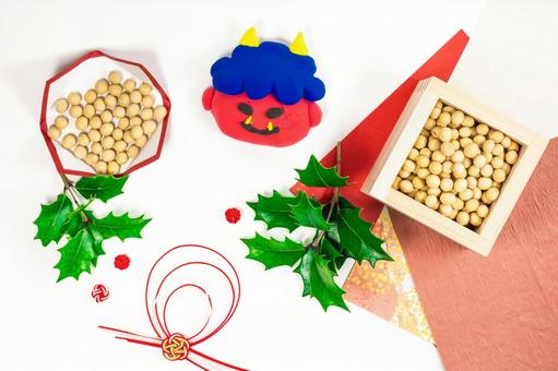 節分デザイン　升・豆・ヒイラギ・鬼 節分,厄払い,豆まきの写真素材