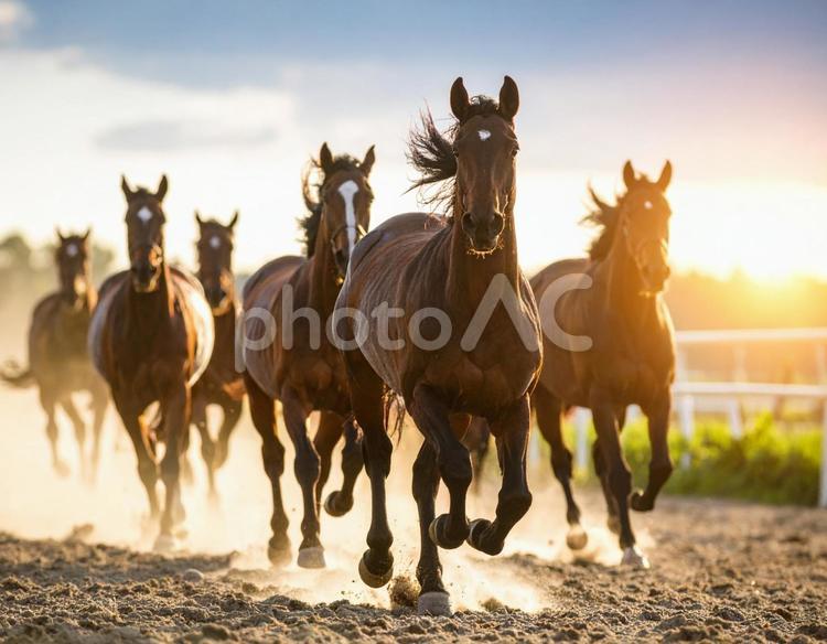 午年フォト・朝日を背に走る馬たち 午年,馬,早朝の写真素材
