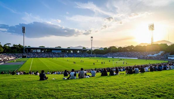 スタジアムでスポーツ観戦する人々 スタジアムでスポーツ観戦する人々の写真