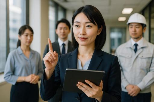 タブレットで指示する女性 タブレットで指示する女性の写真