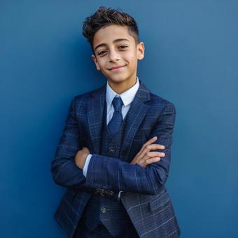 青い背景に立つスーツ姿の少年 青い背景に立つスーツ姿の少年の写真