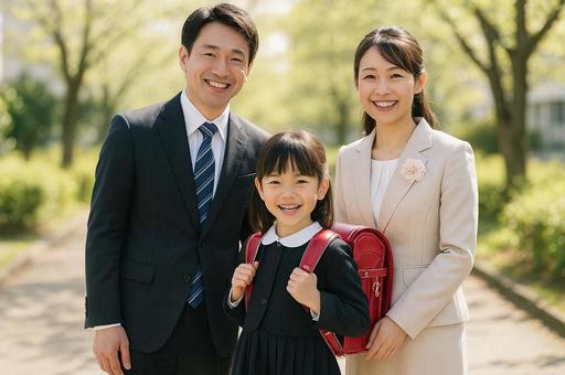 入学式に参加する両親と女の子 入学式に参加する両親と女の子の写真