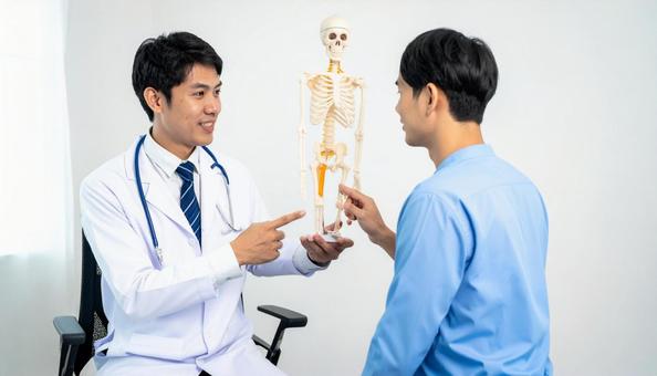 メディカル 骨の模型を見せ説明する整体師 メディカル 骨の模型を見せ説明する整体師の写真
