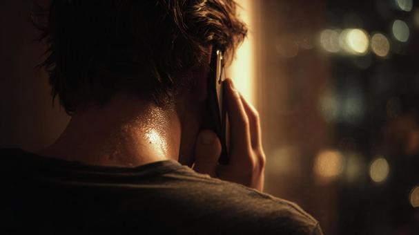 暗闇の中、光に照らされる電話中の男性の写真