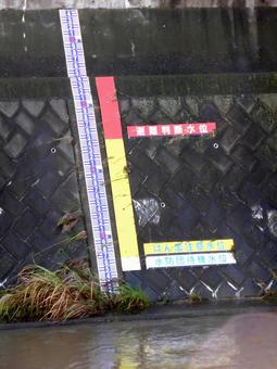 柏尾川の氾濫警戒水位表示スケール 川,河川,水の写真素材