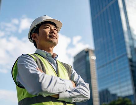 誇りを胸に未来を見つめる建設作業員 誇りを胸に未来を見つめる建設作業員の写真
